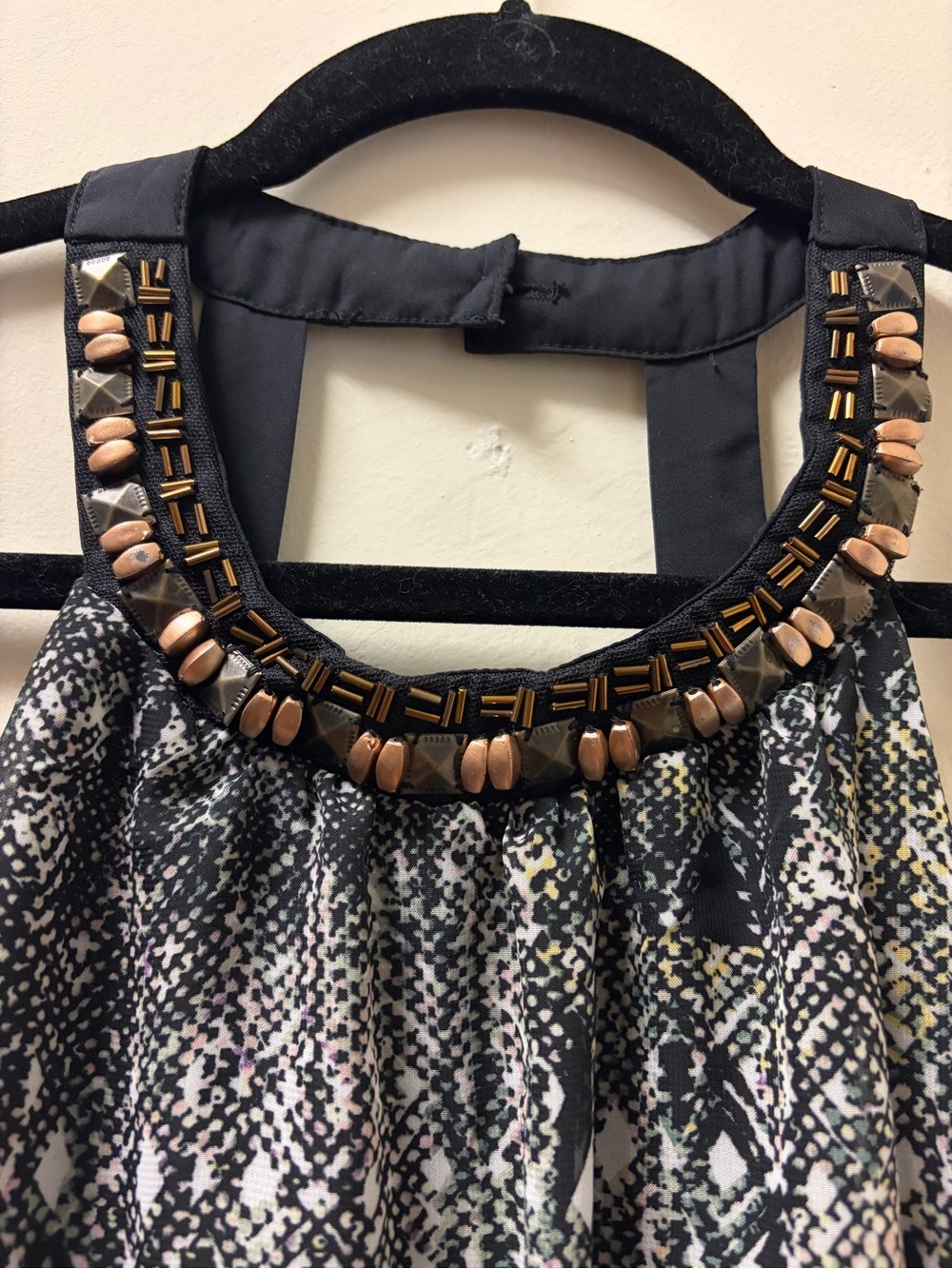 Maurices Black Snake-Print Halter Dress with Bronze Beaded Neckline Women’s Med - Picture 2 of 6